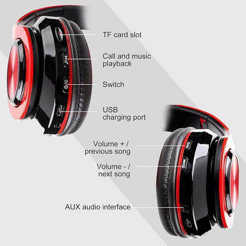 Over Ear Bluetooth Headphones, Foldable LED Stereo Headphones with Built-in Microphone, Noise-Cancelling Wireless