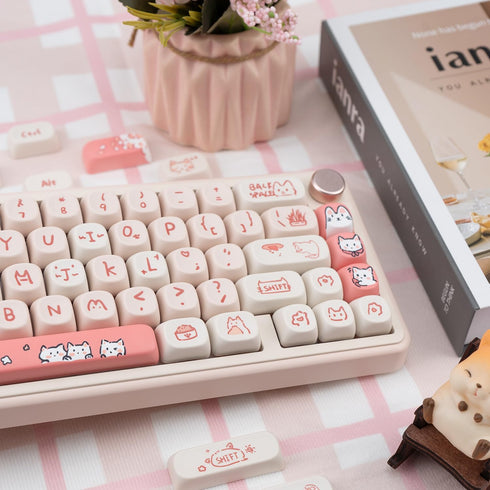 PBT Keycaps, 139 Cute MOA Dye-Sublimation Set for 61/64/68/84/87/100/104/108 Cherry MX Mechanical Keyboard (Pink Cat)