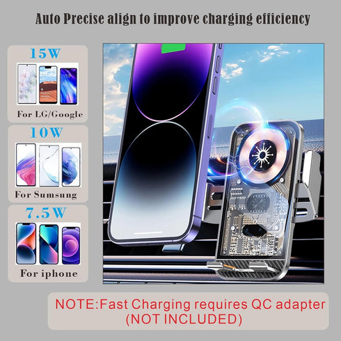 Wireless Car Charger Mount, 15W Fast Charging Auto Clamping Holder for iPhone/Samsung, Car Accessories (Black)