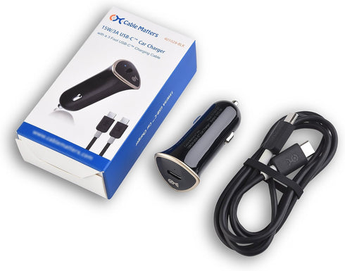 Cable Matters 15W / 3A USB-C Car Charger with a 3 ft USB-C to USB-C Cable (USB Type C Car Charger) in Black, Compatible with iPhone 15, 15 Pro Max, 15 Plus