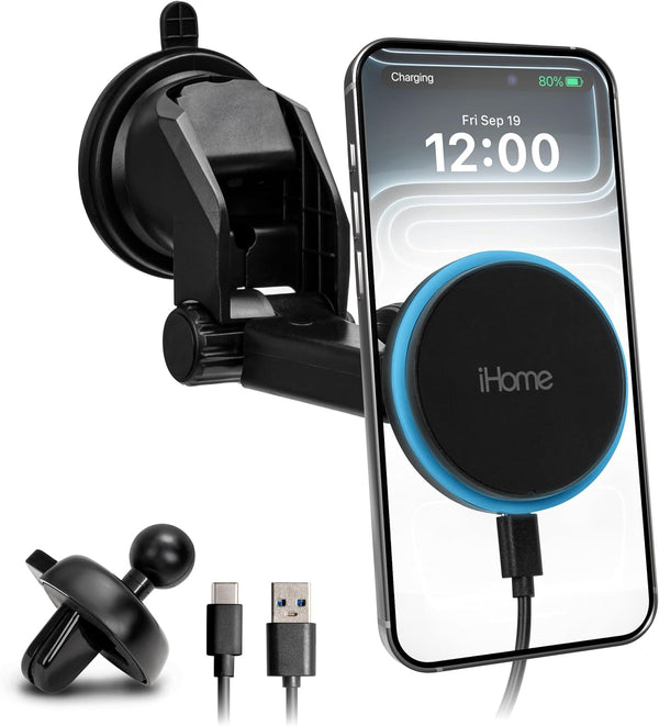iHome 3-in-1 Magnetic Wireless Charging, Flexible Mount for Vent, Dash & Windshield, 15W