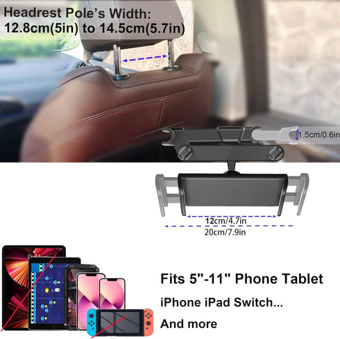 Car Headrest Tablet Mount, Universal Backseat Holder for 5-11" Tablet Phone, 360 Swivel