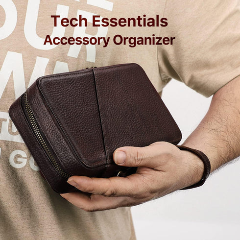 Electronic Organizer Case Tech Kit, Handmade Leather, Portable Travel Storage for Phone, USB Cables, Chargers