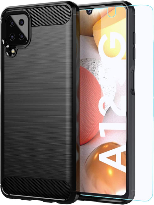 Samsung Galaxy A12 Case with HD Screen Protector, Soft TPU Slim Non-Slip Protective Cover (Black Brushed TPU)