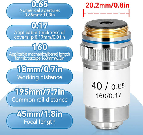 HERCHR 40X 160/0.17 0.65mm 20.2mm Microscope Lens, Achromatic Microscope Objective High Magnification Biological