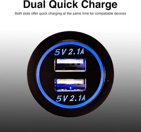 Heavy Duty 5V Dual USB 4.2A Charger with Blue LED for Marine, Boat, Motorcycle, Trucks, Golf Cart, Automotive, Cars