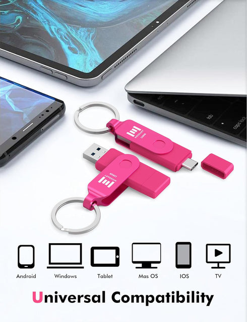 mosDART 128GB 3.2 15,16,17, USB Fast Speed C and A Dual Flash Drive, exFAT Memory Stick with Keychain and LED