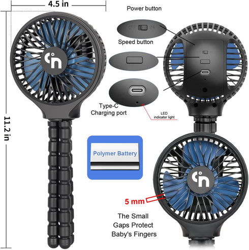 WiHoo Mini Handheld Stroller Fan, Personal Portable Car Seat Baby Fan with Flexible Tripod, USB or Battery Operated,