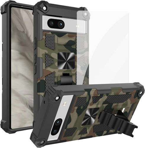 Ailiber for Pixel 7a Phone Case, Rugged Shockproof Cover with Screen Protector, Magnetic Car Mount & Kickstand (Camo)
