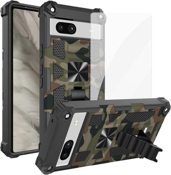 Ailiber for Pixel 7a Phone Case, Rugged Shockproof Cover with Screen Protector, Magnetic Car Mount & Kickstand (Camo)