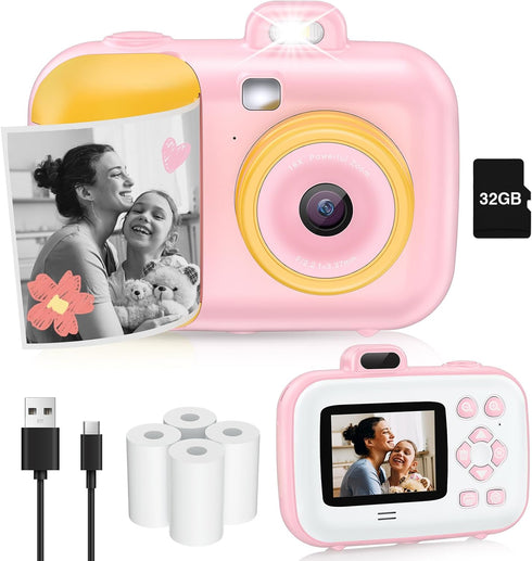Instant Print Digital Camera for Kids, 32GB Card, FHD 1080P Video, Portable Toy