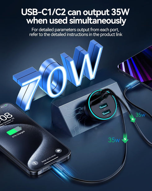 70W USB C Car Charger, Rocoren 4-Port for Family Travel, PD 35W & QC3.0 30W Super Fast Charging for Multiple Devices, Cigarette Lighter USB Charger for iPhone 15, iPad Pro, Samsung S24, Google Pixel 8
