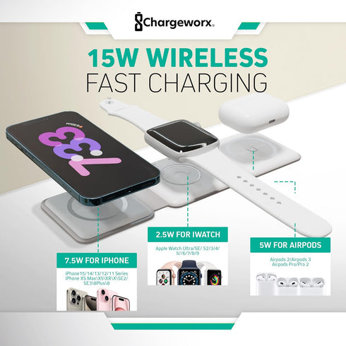 3-in-1 Wireless Charging Pad with Foldable Travel Stand, Rapid 15W Station for iPhone, AirPods & Apple Watch