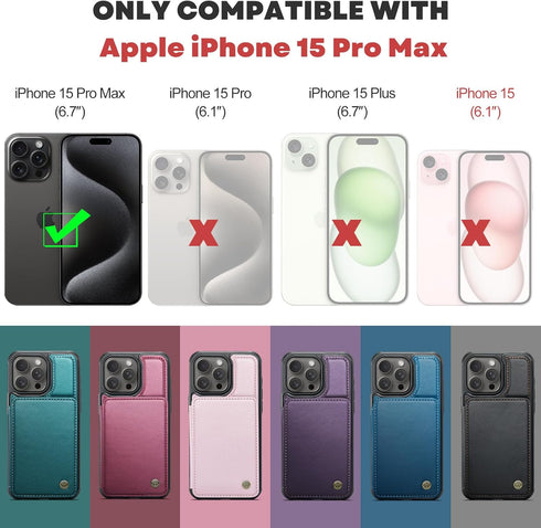 for iPhone 15 Pro Max Wallet Case with Card Holder, Case for iPhone 15 Pro Max with RFID Blocking for Women Men, Durable Kickstand Shockproof Phone Case for iPhone 15 Pro Max, Purple