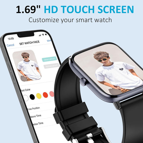 Smart Watch for iPhone/Android Phones (Answer/Make Calls) - 1.69" HD Screen Fitness Tracker: Heart Rate/Sleep/Blood