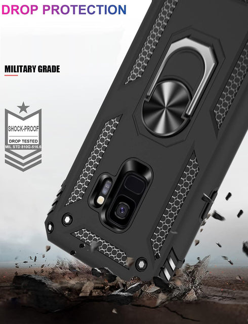 IKAZZ Military Grade Shockproof Case for Galaxy S9 - Heavy Duty Protective Phone Cover with Magnetic Kickstand, Black