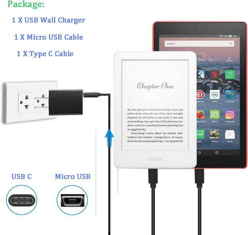 Charger Fit for Kindle Fire Tablet with 5Ft Type-C and Micro USB Cable for Charging Fire HD 6 7 8 10/Fire Max 11/Fire Plus/Kids/Kids Pro/HD HDX/Kindle/Paperwhite/Oasis E-Reader and Samsung Phone