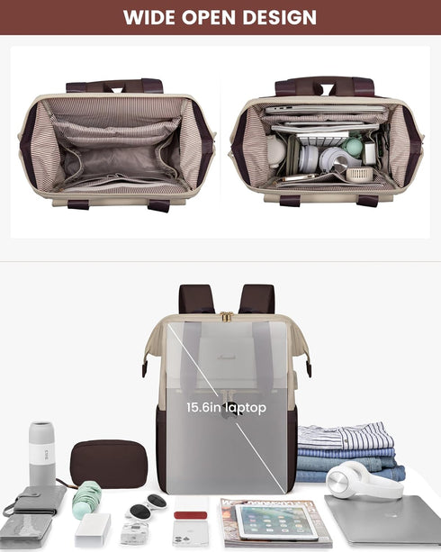 LOVEVOOK Laptop Backpack for Women, 15.6 Inch Work Bag with USB Port, 2PCS, Apricot-Coffee