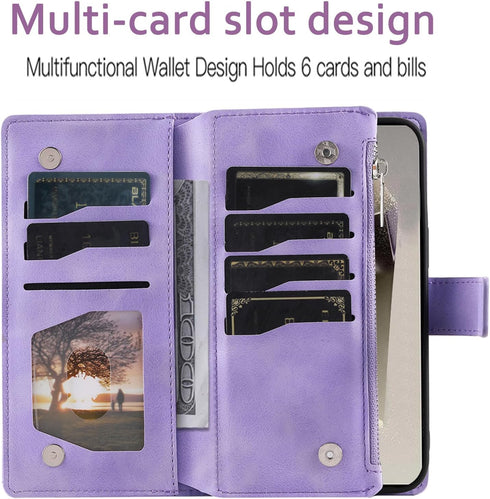 Samsung Galaxy S24 Ultra 5G Wallet Case with Mandala Flower, Tempered Glass Protector, Zipper Card Holder, Wrist Strap