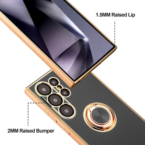 Shockproof Case for Samsung Galaxy S24 Ultra, with 360° Rotatable Ring Holder Magnetic Kickstand, Plating Rose Gold Edge Slim Soft Protective Cover, Black