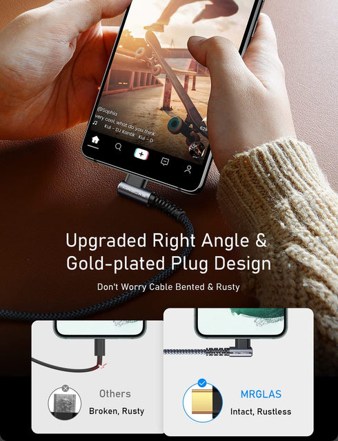 MRGLAS 4-Pack 3.2A USB C Charger Cable, 6.6+6.6+6.6+6.6FT USB C Right Angle Gold-Plated Type C Fast Charging Nylon