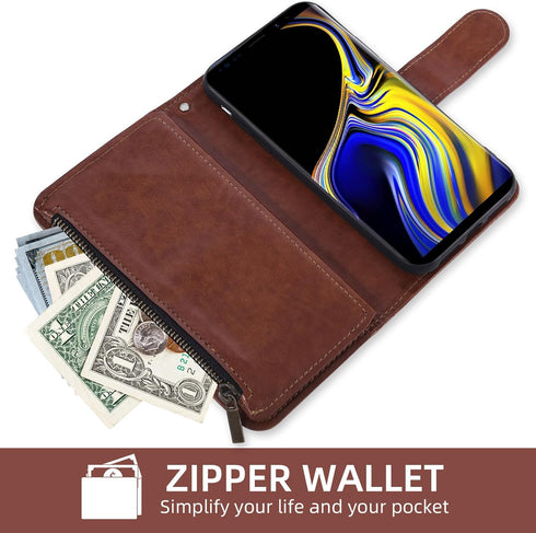 Asuwish Galaxy Note 9 Wallet Case with Flower Leather, Tempered Glass Protector, Flip Stand, Card Holder - Brown