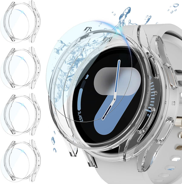 (4+4 Pack) Screen Protector Case for Samsung Galaxy Watch 7 44mm, Hard PC Bumper & HD Anti-Fog Tempered Glass