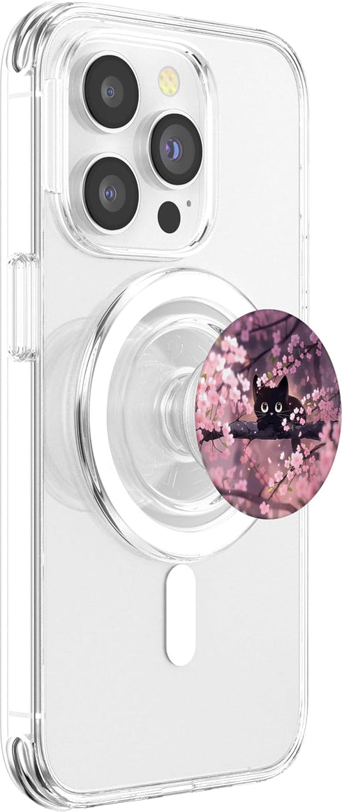 Cute Black Kitten Cat Cherry Blossom Meow Kawaii Anime PopSockets MagSafe PopGrip for iPhone