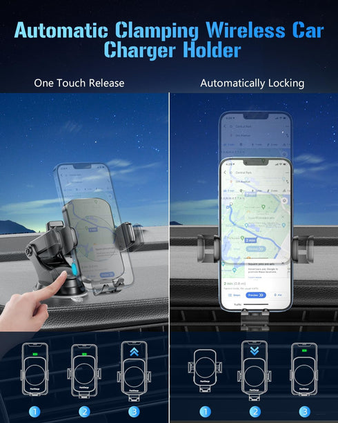 Wireless Car Charger 3 in 1 Phone Mount, Fast Charging Auto Clamping, Compatible with iPhone 15 14 13 12 11, Samsung