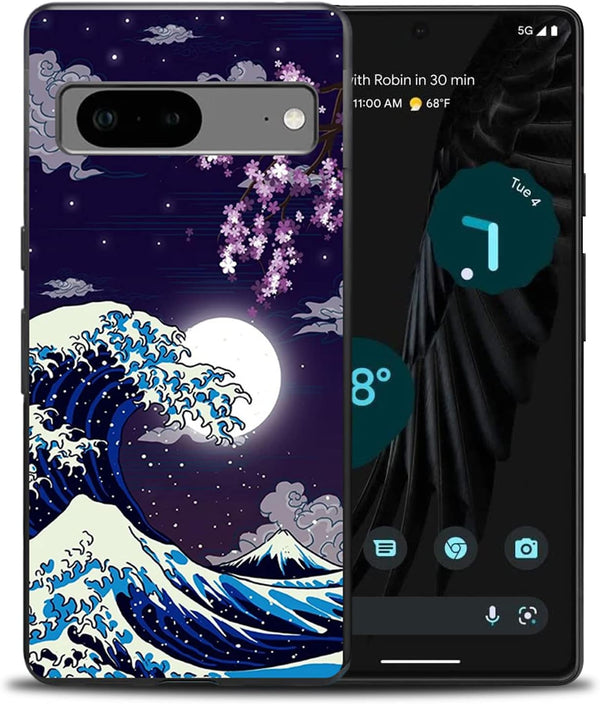Google Pixel 7 Case - Compatible with Japanese Wave Cherry Blossom Moon Pattern - Soft TPU Shockproof Anti-Scratch 6.3"