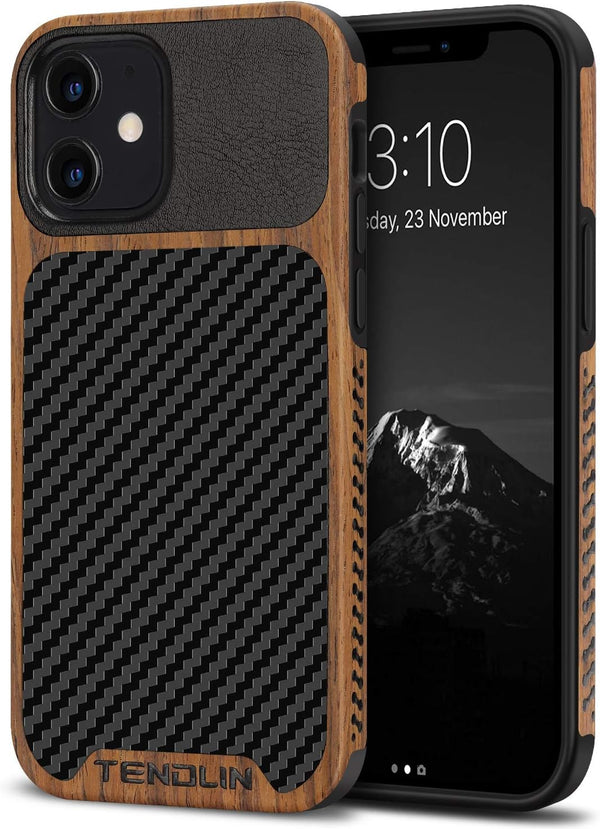 TENDLIN Compatible with iPhone 12 / 12 Pro Case, Wood Grain with Carbon Fiber Texture Design, Leather Hybrid Case