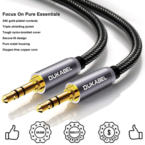 DUKABEL Top Series 3.5mm AUX Cable, 4 Feet Gold-Plated Nylon Braided Male to Male Stereo Audio Cord for Speakers