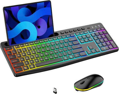 Wireless Keyboard and Mouse Combo with Backlit, 2.4Ghz Rechargeable Light Up Keyboard Mouse Set for Computer