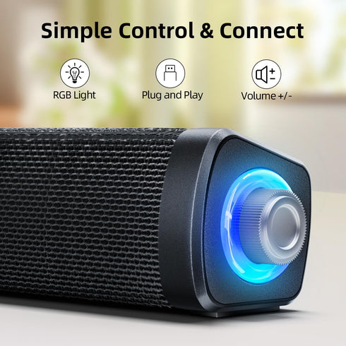 USB Computer Speakers with 3.5 mm Aux, Wired USB Powered SoundBar with Colorful LED Lights for Monitor, Laptop, Phone