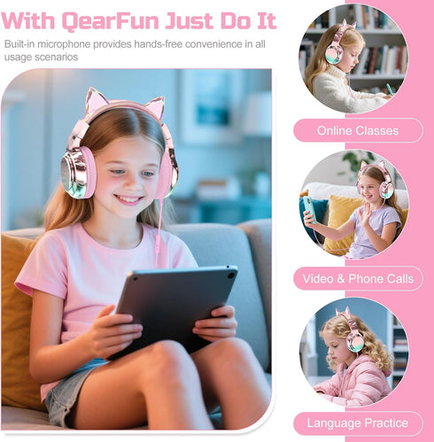 85/94dB Headset, QearFun Kids Cat Ear Headphones Wired with Mic, Safe Volume Limit, Sparkly Wired Foldable, Sharing