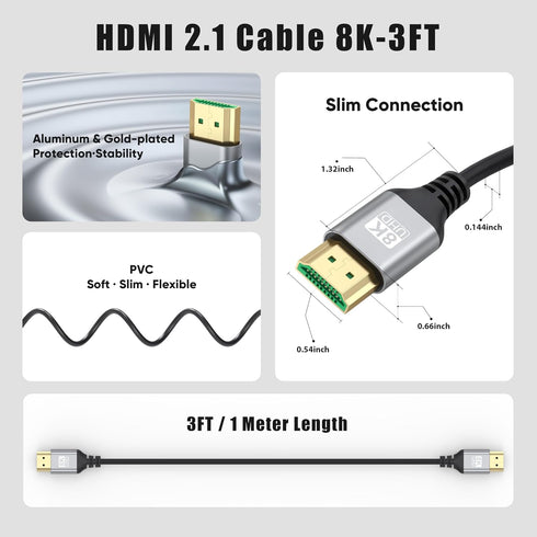 8K 3FT 5-Pack, 48Gbps 2.1 HDCP2.3, Dolby HDR10+ PS5, Slim HDMI Cables Ultra High-Speed, HDMI Cord Supports VRR, ALLM