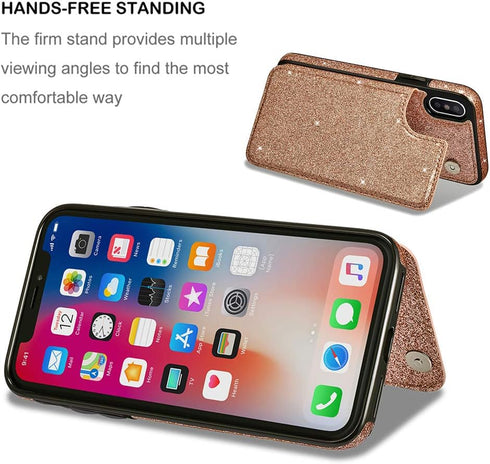 UEEBAI Case for iPhone X/XS - Premium Glitter PU Leather Wallet Cover with Card Slots, Rose Gold