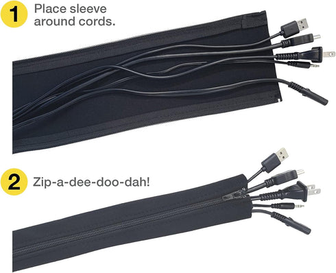 Wrap-It Storage Zipper Cable Sleeve - 24" x 4" (4-Pack) Black - Cable Protector for Desk, Computer, TV Management