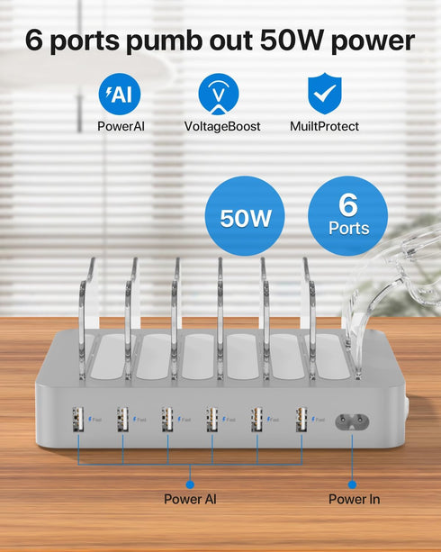 SooPii Premium 6-Port USB Charging Station Organizer for Multiple Devices, Silver
