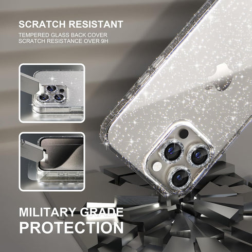 Choiche iPhone 15 Pro Max Case, Glitter Clear with 3 x Diamond Camera Lens Protectors & 2 x Tempered Glass