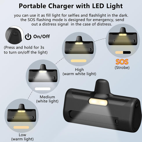 Mini Portable Charger 5000mAh, Ultra Compact Power Bank with Built-in Phone Holder, LED Light, LCD Display for Travel,