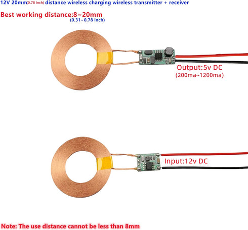 12V 23mm Distance Wireless Charging 5V 100mA~1.2A Output, 42mm Coil Wireless Transmitter + Receiver Power Charger