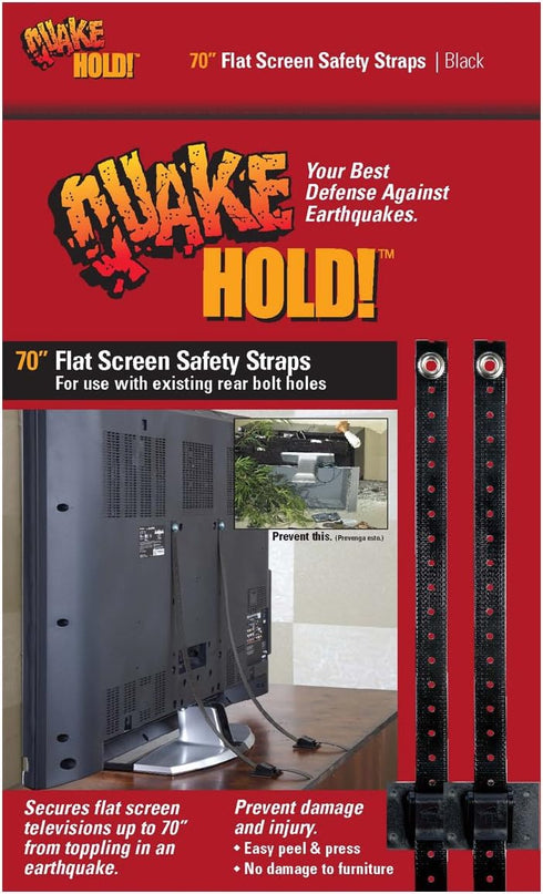 QuakeHOLD! 70" Flat Screen T Safety Straps, Black, 1 Pack, Nylon Anti-Tip Adhesive Straps for TVs and Furniture