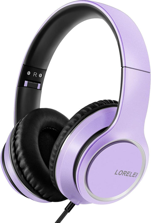 LORELEI X8 Over-Ear Wired Headphones with Microphone, 1.45m Tangle-Free Nylon Line & 3.5mm Plug, Lightweight Foldable