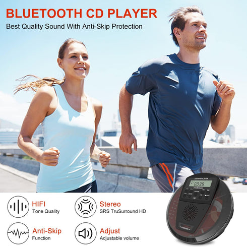 Rechargeable CD Player Portable with Bluetooth - Compact Anti-Skip Walkman CD Player with Earphone and LCD Display