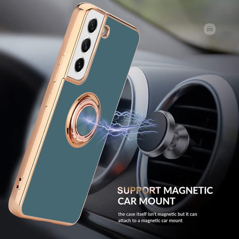 Samsung Galaxy S21 Case Compatible, Grey Finger Ring Holder with Rose Gold Plating Design, Rotating Kickstand