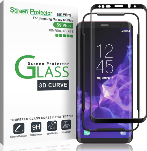 amFilm Glass Screen Protector for Samsung Galaxy S9 Plus, 3D Curved Tempered Glass, Case Friendly