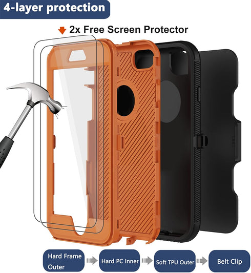 iPhone 8 Plus Case with Belt Clip Holster, 2X Screen Protector, Military Grade Heavy Duty Shockproof Cover, Orange
