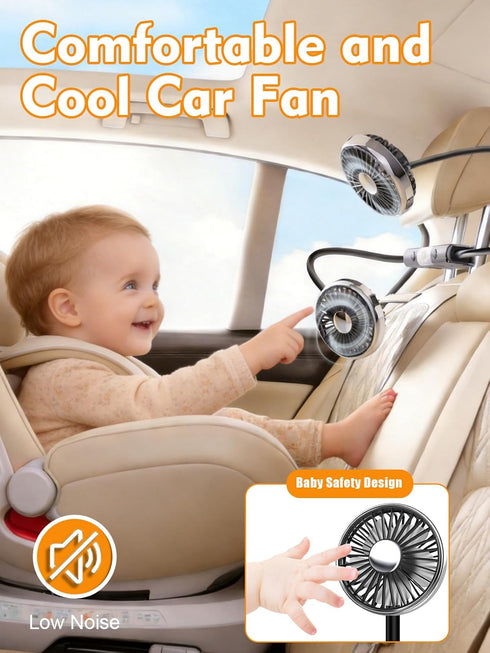 5V/2A 360 3 3.54"-5.9" USB Powered Backseat Car Fans for Kids & Baby - Dual-Head Cooling Car Fan with Independent