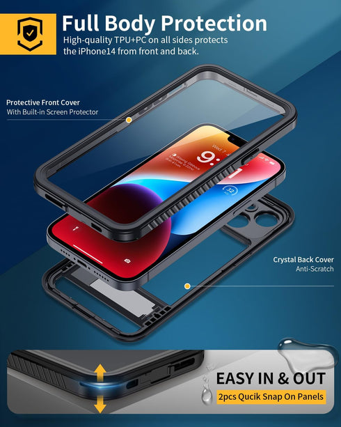 Lanhiem iPhone 14 Case with Kickstand, IP68 Waterproof Dustproof with Built-in Screen Protector, Full Body Shockproof